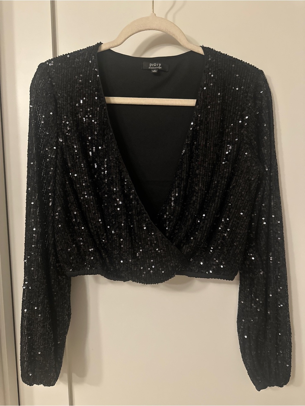 privy Black Sequin Cropped Wrap Top